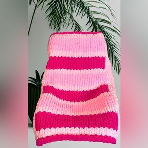 Hand Knitted Colorblock Pink Chenille Throw